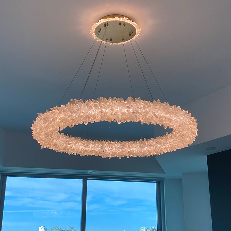 Modern 24-47 Inch Round Clear Geode Quartz Crystal Ring Pendant Light Modern Chandelier for Living Room