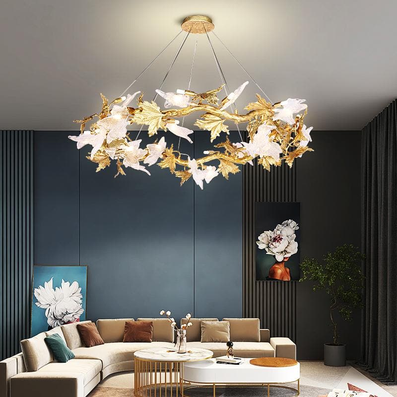 Branch Brass Maple Leaf Crystal Chandelier