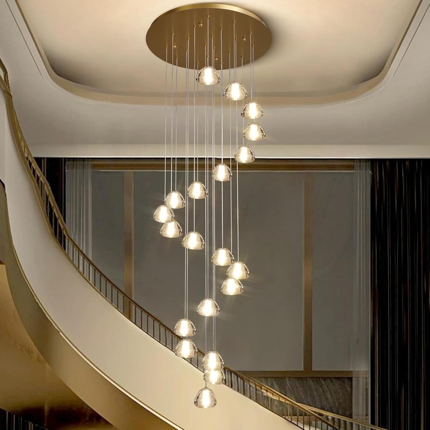 20-Light Gold Crystal Staircase Chandelier with Adjustable Height