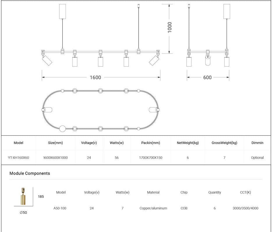 Dining Room/Living RoomOval Long Frame Spot Light Chandelier