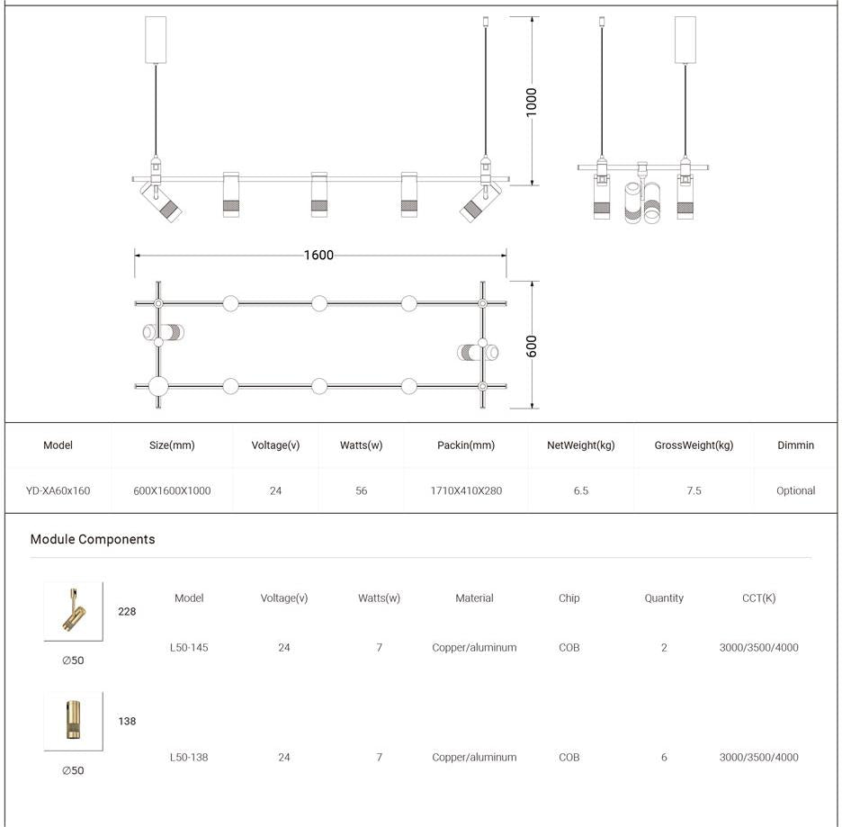 Dining Room/Living Room Rectangular Spot Track Light Chandelier