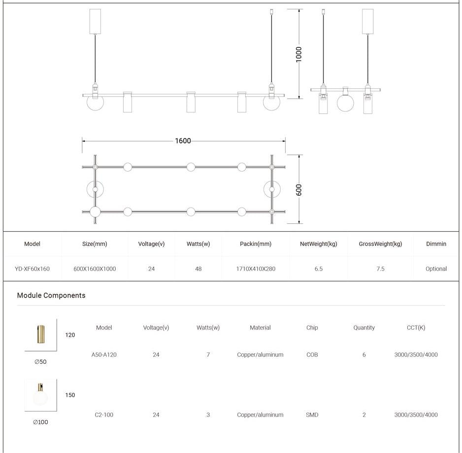 Dining Room/Living Room Rectangular 2 Global Bulbs Spot Track Light Chandelier