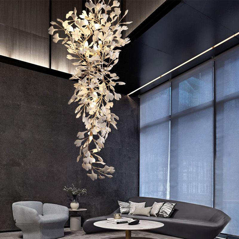 Aria Gingko Porcelain Petal Staircase Modern Chandelier, Long Branch Chandelier