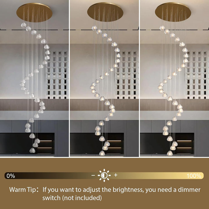 30-Light Gold Crystal Staircase Chandelier with Adjustable Bubble Shades