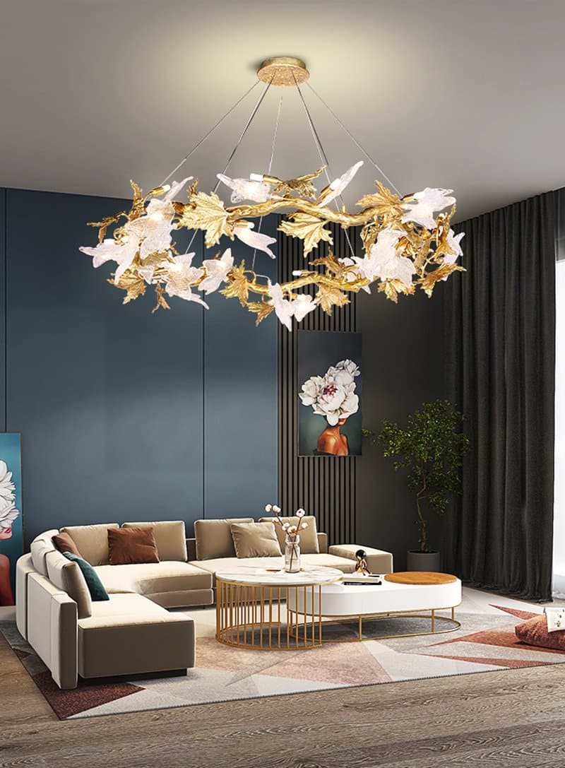 Branch Brass Maple Leaf Crystal Chandelier