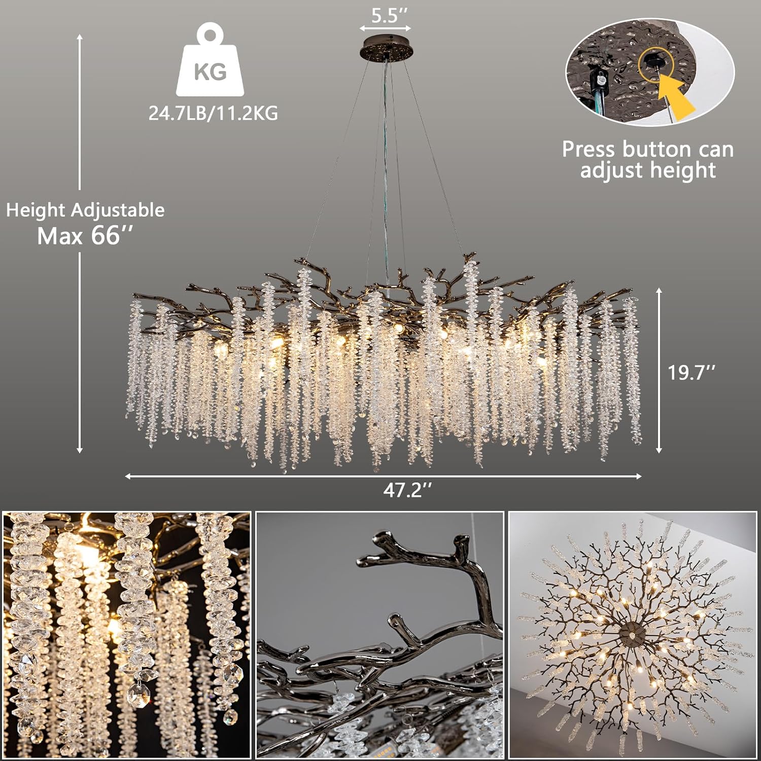 YUYI 47.2" Black Modern Crystal Chandelier for Dining Rooms
