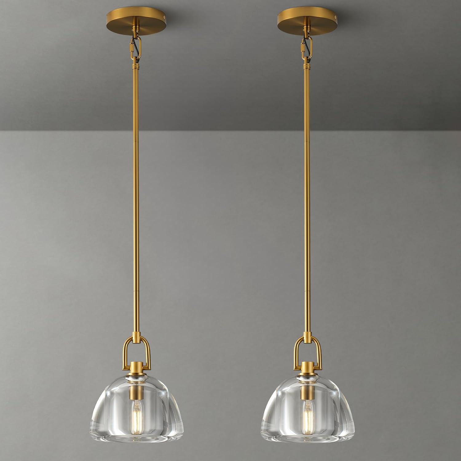 7-inch Glass Brass Pendant Light with Adjustable Height – 2 Pack