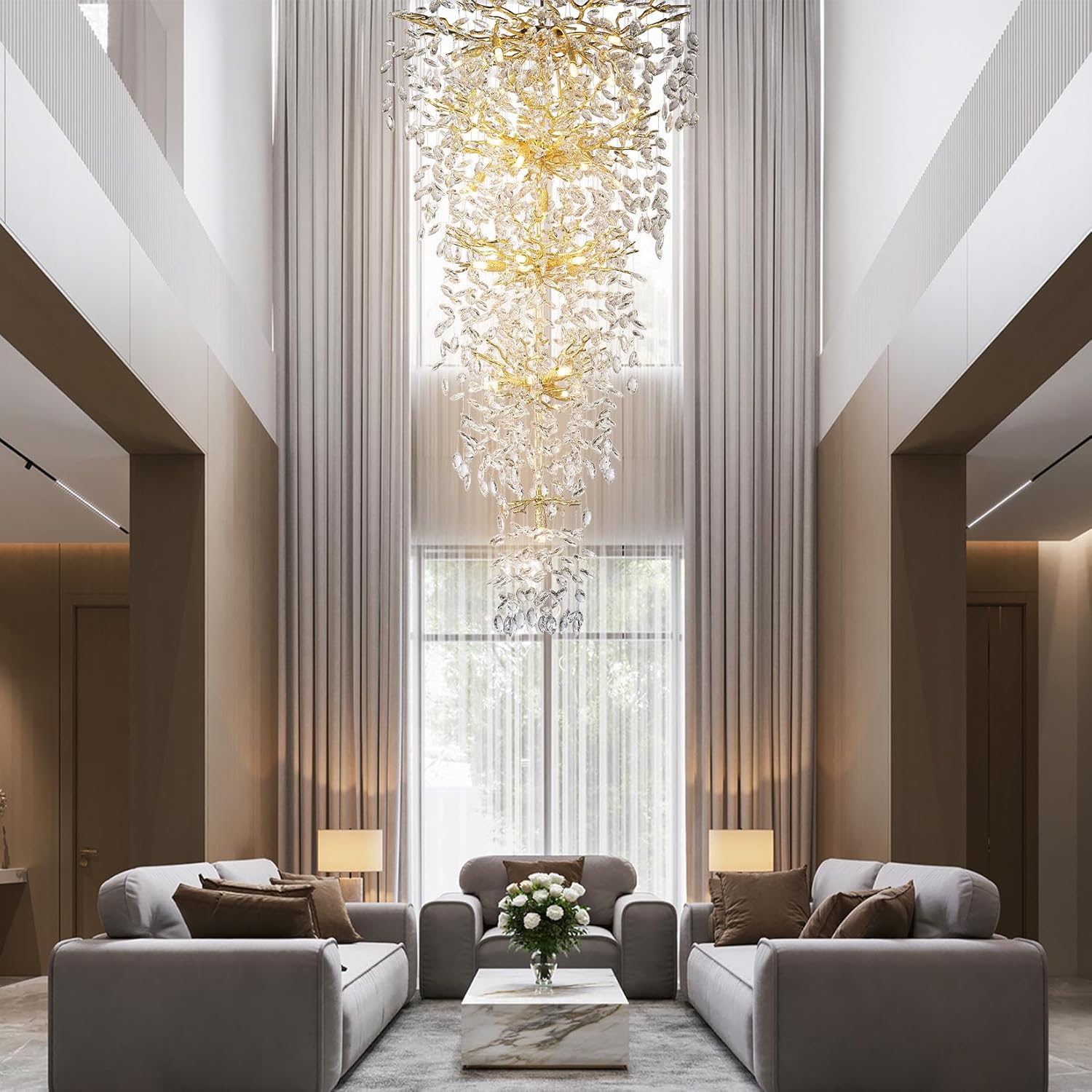 63'' Long Crystal Chandelier for High Ceiling, 28-Light Modern Gold Tree Branch Chandelier, Large Chandeliers for Foyer Entryway Staircase Living Room, 5-Tier Luxury K9 Crystal Raindrop Light Fixture