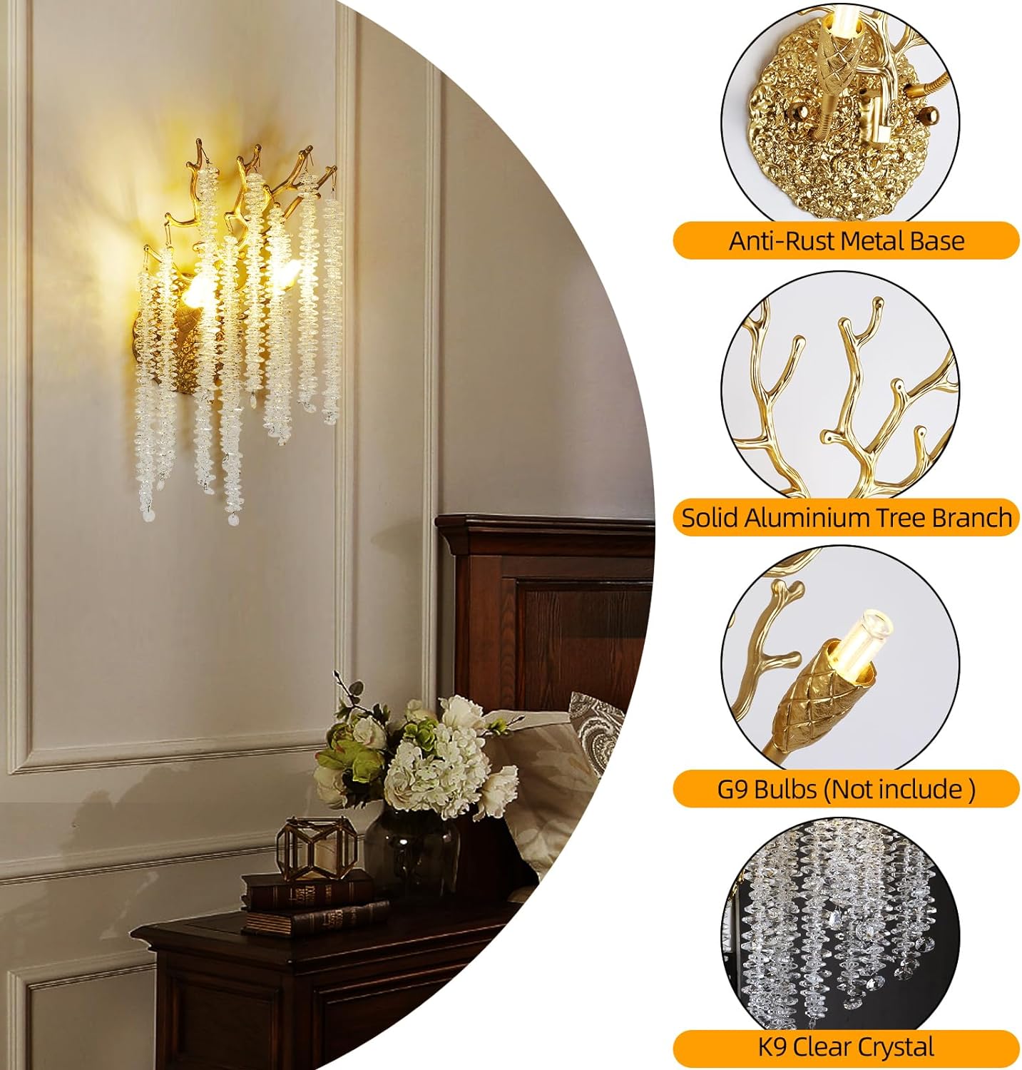 Snow Tree Crystal Gold Wall Sconce for All Rooms 10"H