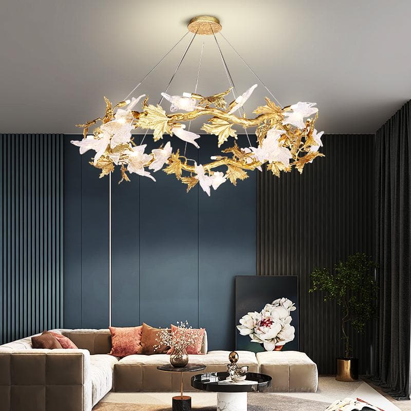 Branch Brass Maple Leaf Crystal Chandelier