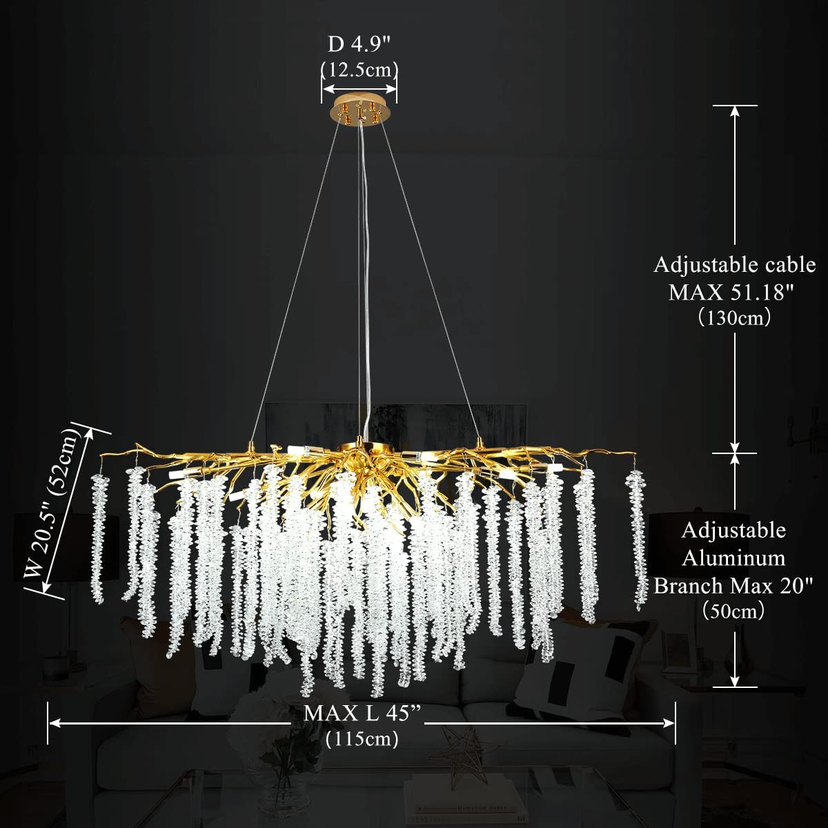 Doris White Crystal Rectangle Branch Chandelier Gold 45"L