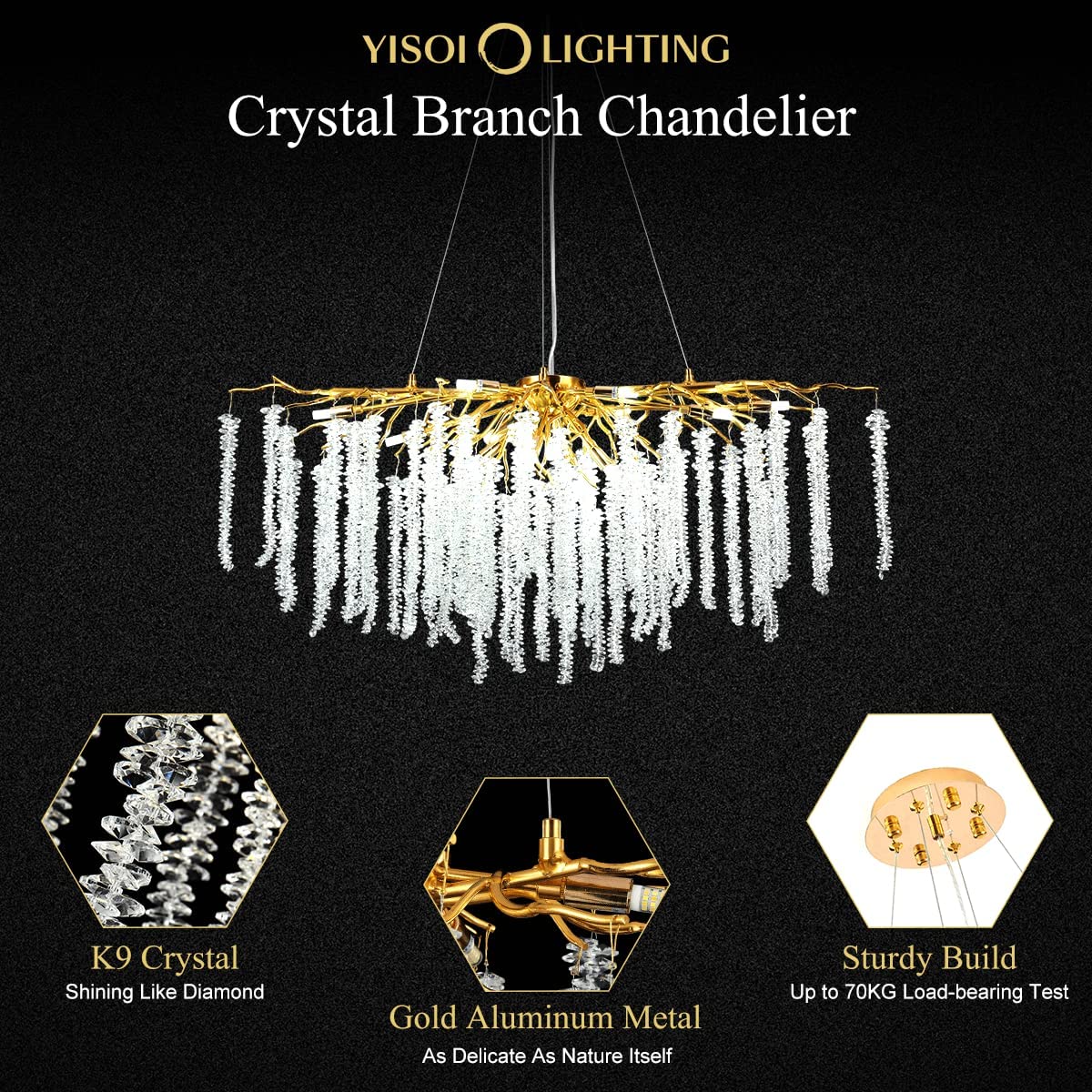 Doris White Crystal Rectangle Branch Chandelier Gold 45"L