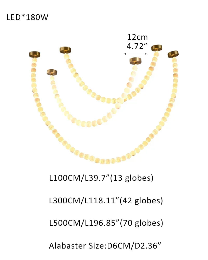 Modern LED Natural Alabaster Globes Beads Hanging Chandelier Indoor Lighting Fixture 125 globes-L100+L300+L500CM L40"+L118"+L197" Brass + White Modern Pendant lamp