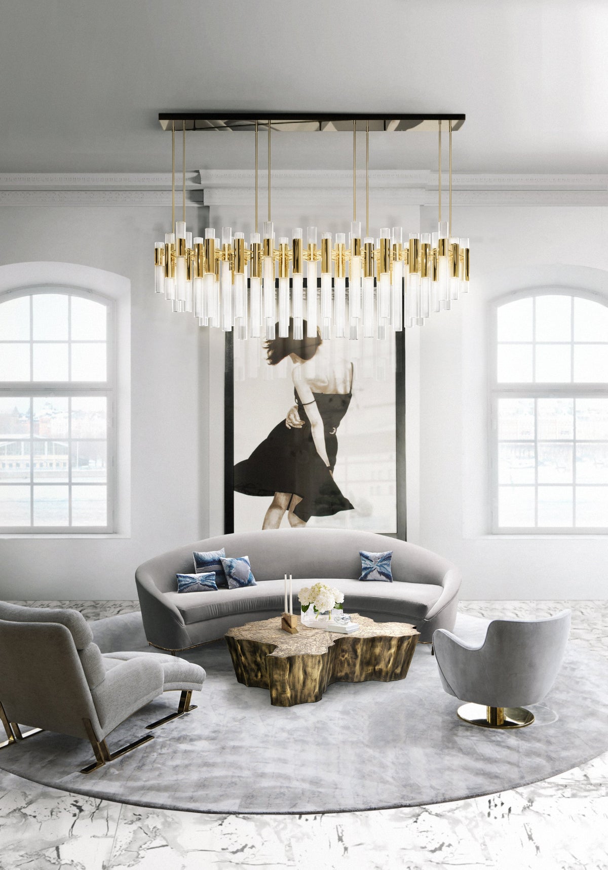 Aria Waterfall Rectangular 80-Light Crystal Modern Chandelier