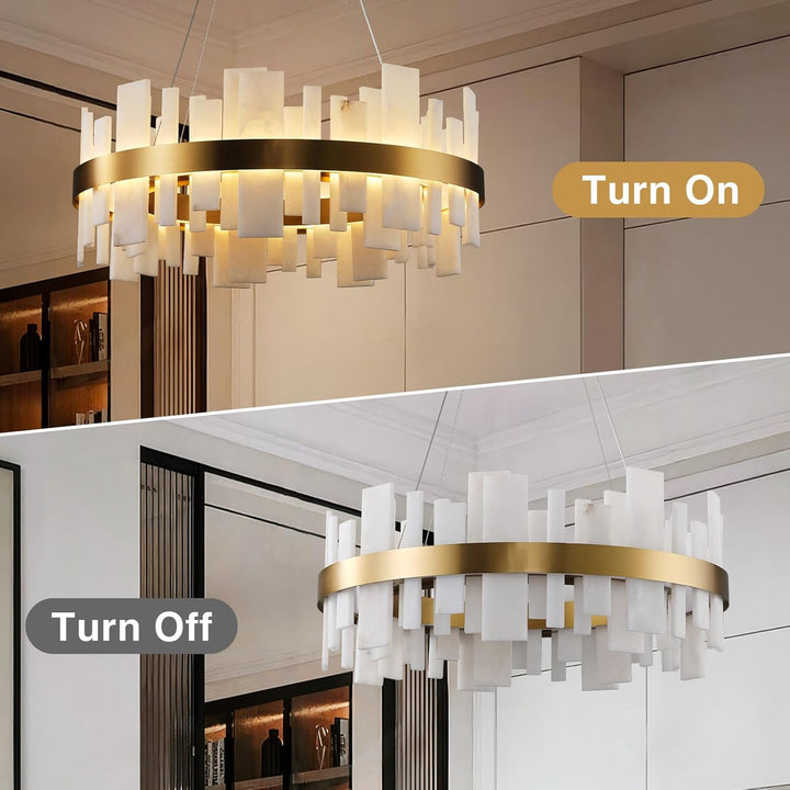 Adjustable Luxury Alabaster Round Chandelier – 31.5in Natural Stone