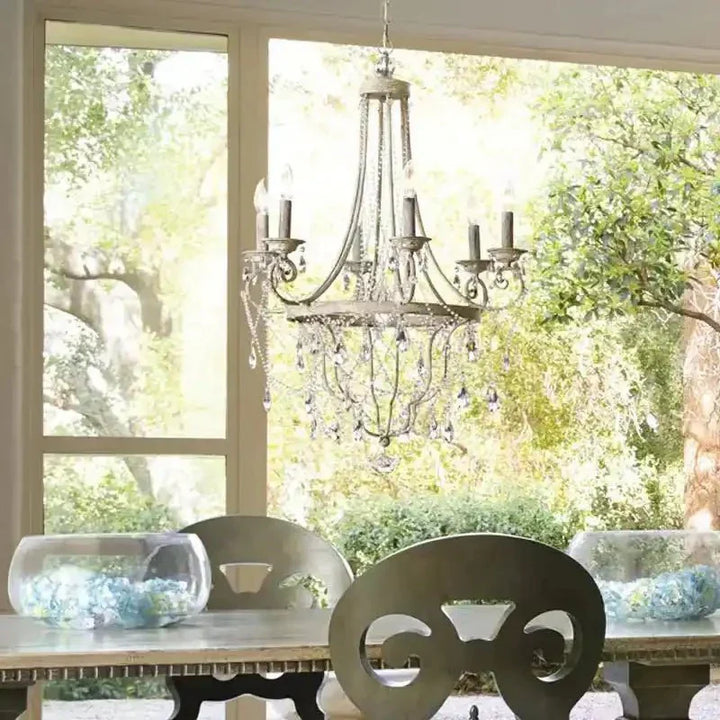 Affordable French Vintage Iron Crystal Pendant Candle Chandelier for Living Room / Restaurant / Cafe / Hotel lobby - Arialamps