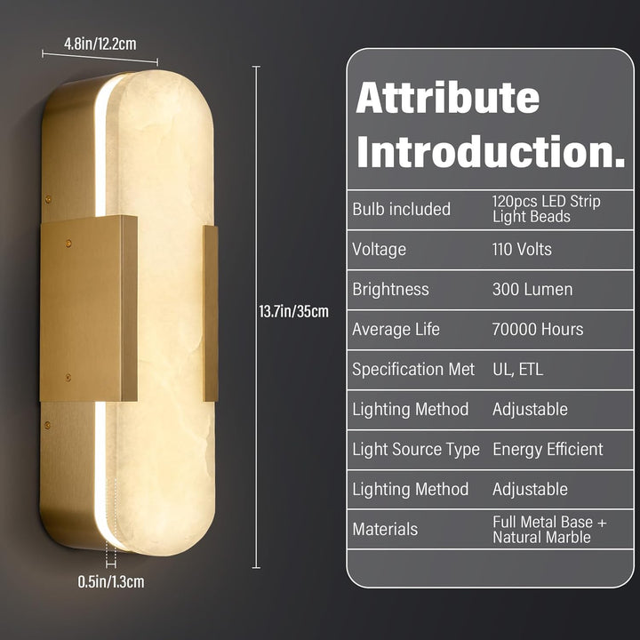 Alabaster Brass Wall Sconce Set of Two, 13.8‑inch