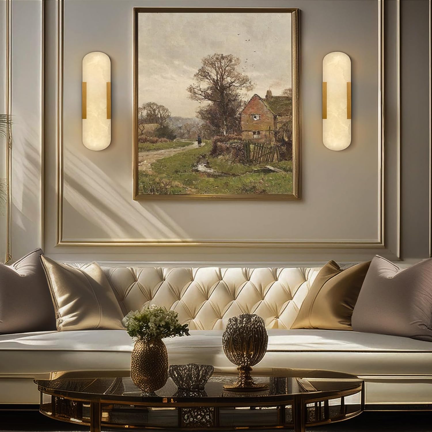 Alabaster Brass Wall Sconce Set of Two, 13.8‑inch