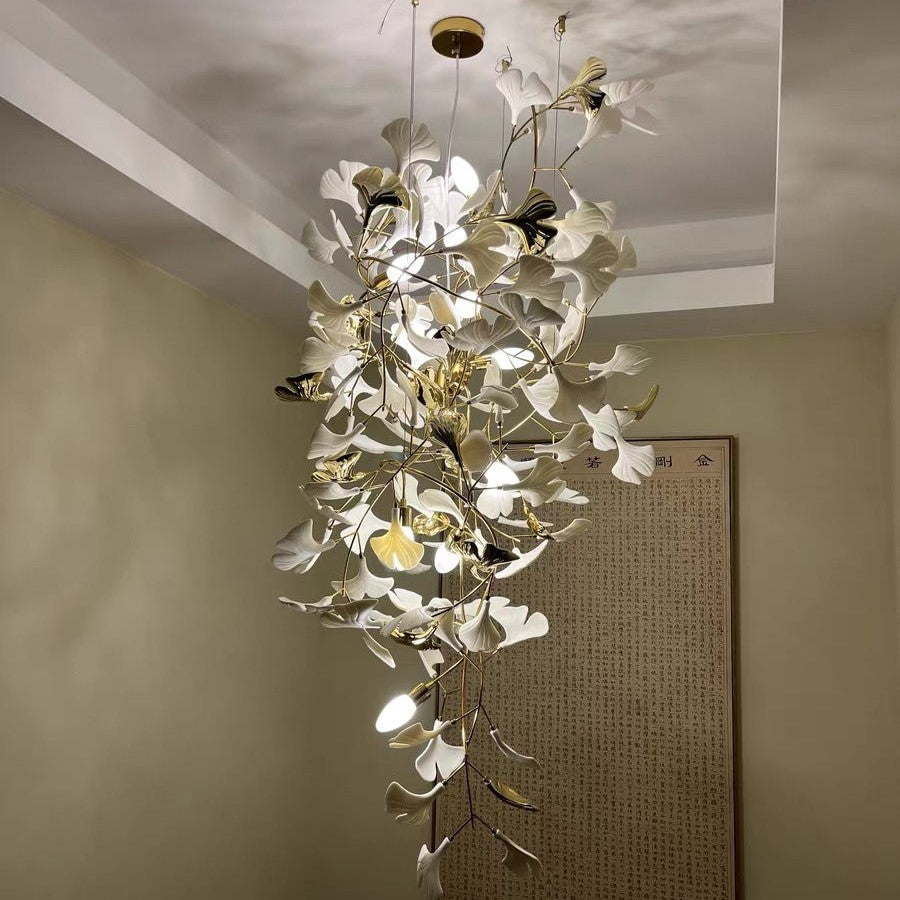 Artistic Tree Branch Pendant Light with Ceramic Ginkgo Leaves for High Ceilings in Hotel or Home-Chandeliers-Arialamps