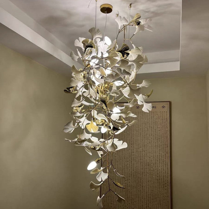 Artistic Tree Branch Pendant Light with Ceramic Ginkgo Leaves for High Ceilings in Hotel or Home-Chandeliers-Arialamps