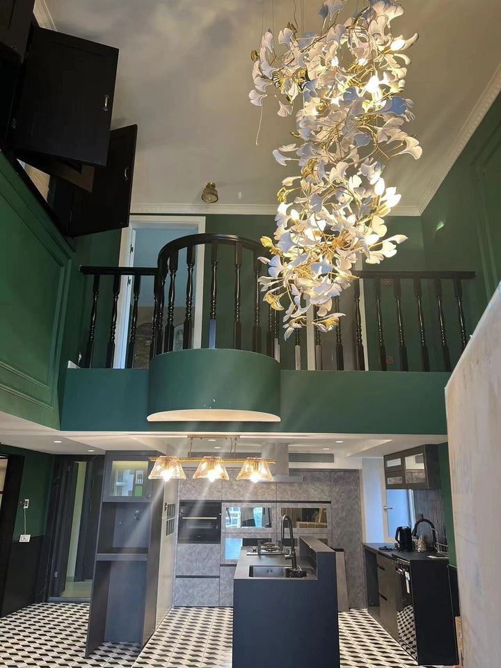 Artistic Tree Branch Pendant Light with Ceramic Ginkgo Leaves for High Ceilings in Hotel or Home-Chandeliers-Arialamps