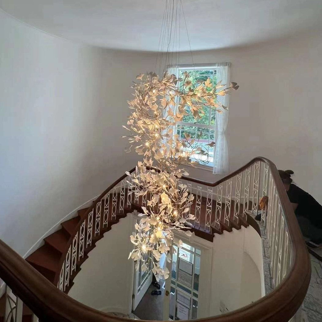 Artistic Tree Branch Pendant Light with Ceramic Ginkgo Leaves for High Ceilings in Hotel or Home-Chandeliers-Arialamps