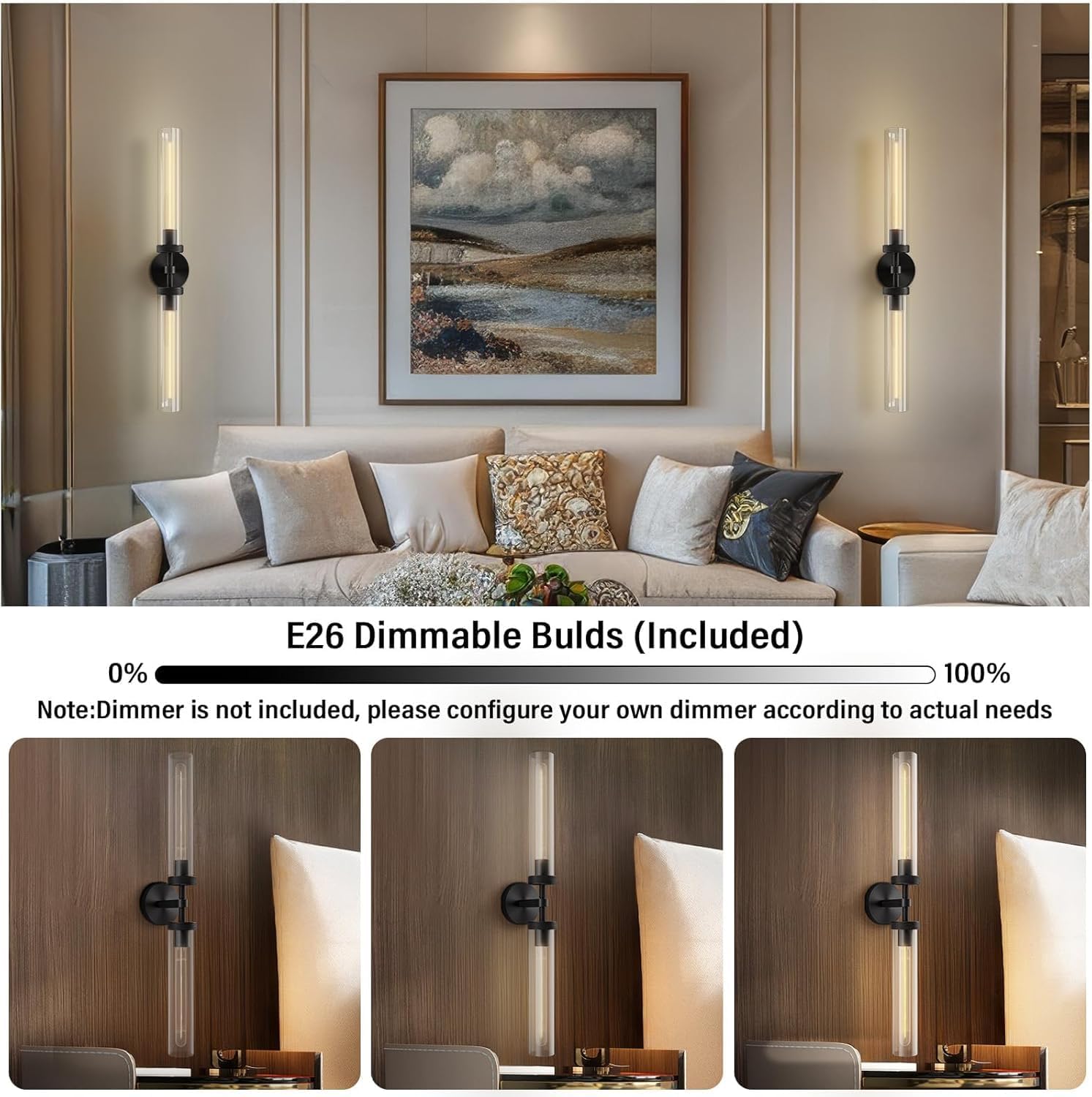 RINGRAIN Black Brass Glass Double Wall Sconce Set 30" Knurled