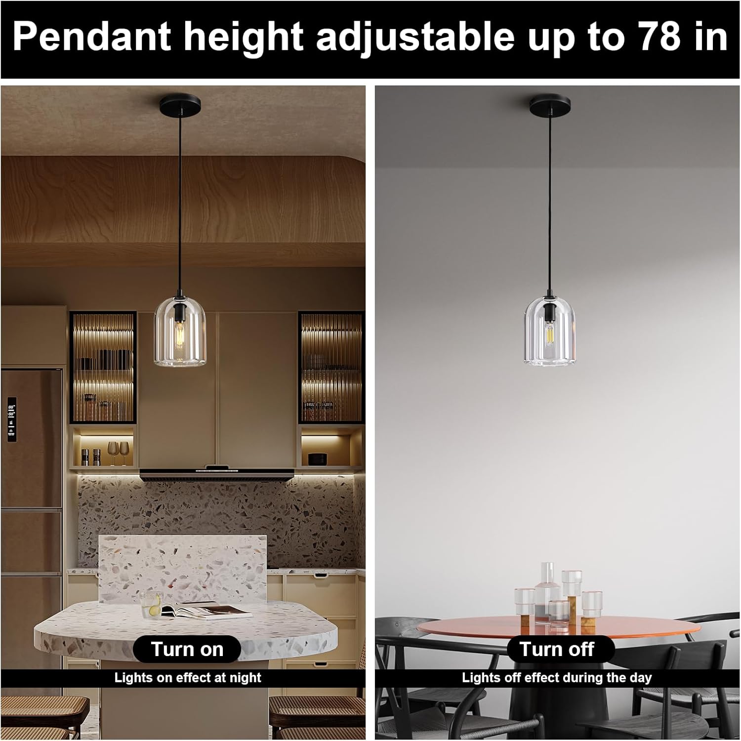 Black Crystal Modern Pendant Light with Adjustable 78‑Inch Height