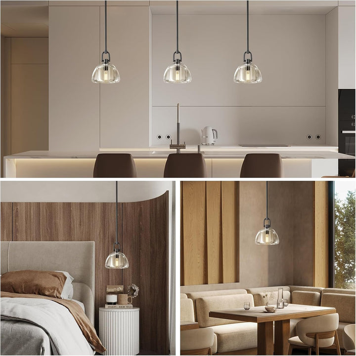 Black Glass 7" Pendant Light – Modern Kitchen Island Lighting, 2‑Piece Set with E12 Bulb