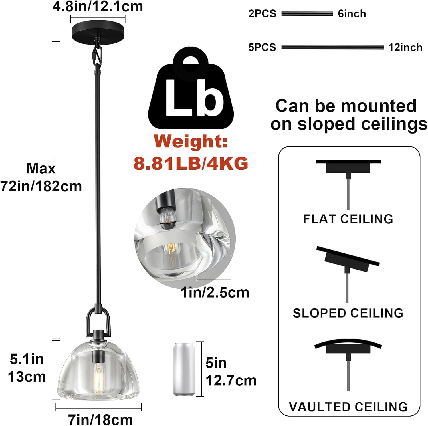 Black Glass 7" Pendant Light – Modern Kitchen Island Lighting, 2‑Piece Set with E12 Bulb