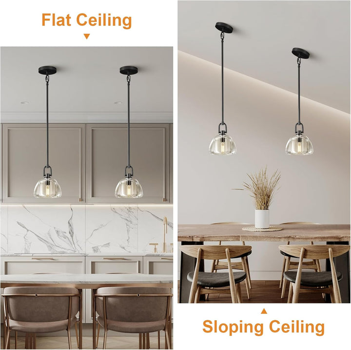 Black Glass 7" Pendant Light – Modern Kitchen Island Lighting, 2‑Piece Set with E12 Bulb