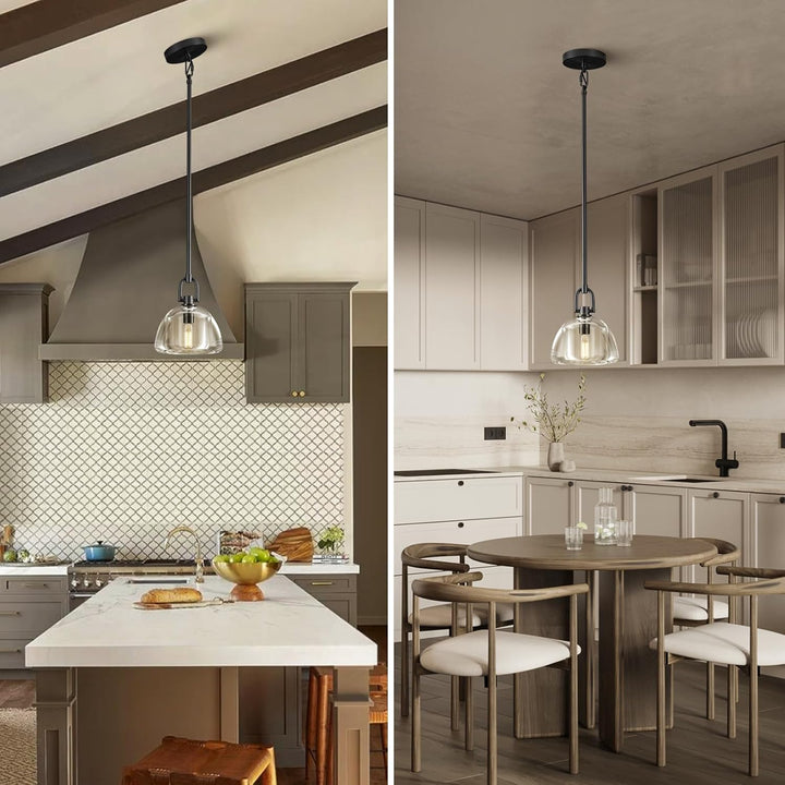 Black Glass 7" Pendant Light – Modern Kitchen Island Lighting, 2‑Piece Set with E12 Bulb