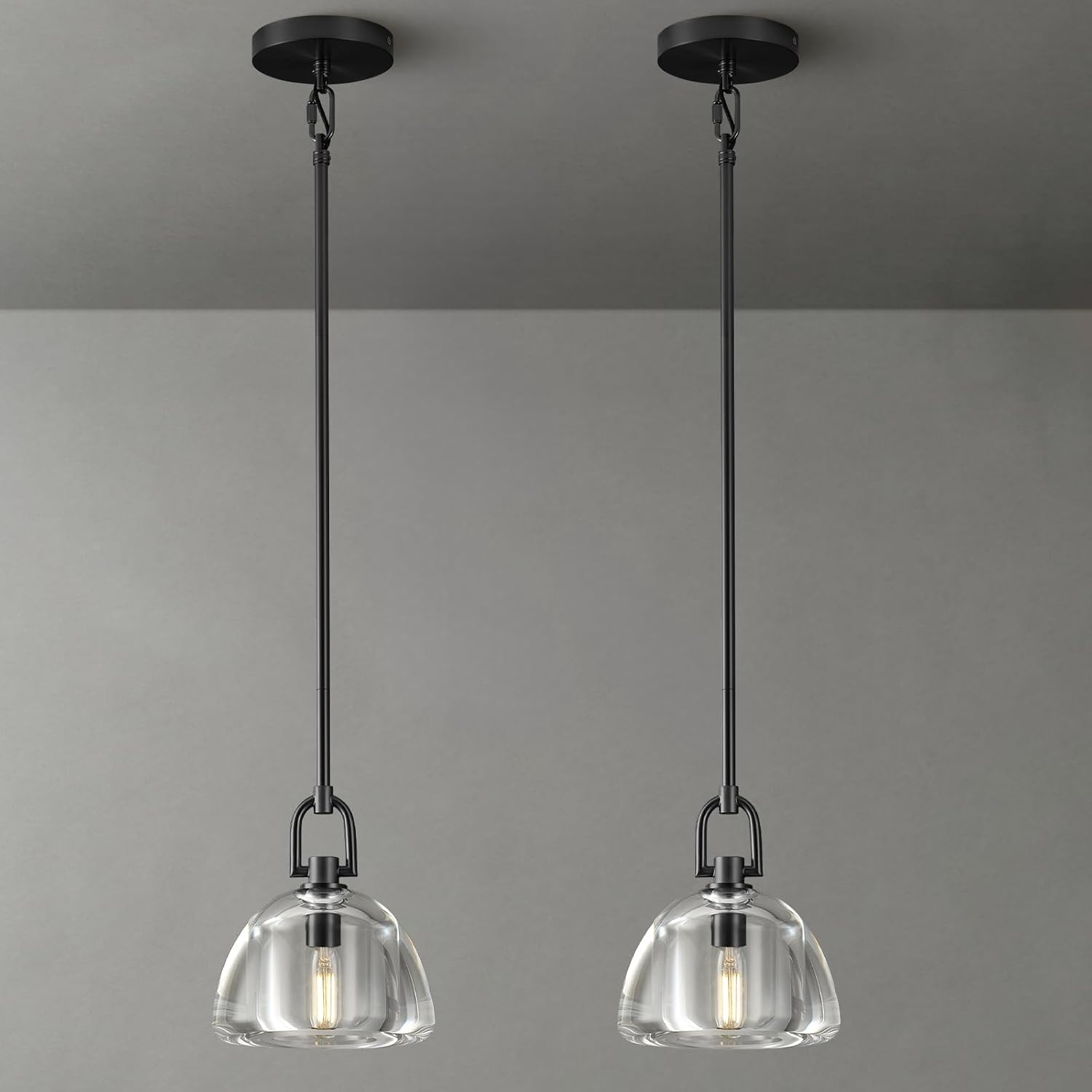 Black Glass 7" Pendant Light – Modern Kitchen Island Lighting, 2‑Piece Set with E12 Bulb