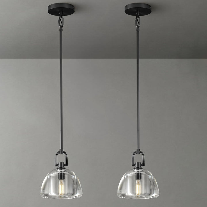 Black Glass 7" Pendant Light – Modern Kitchen Island Lighting, 2‑Piece Set with E12 Bulb