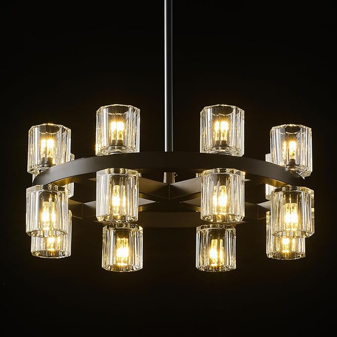 Black Wagon Wheel Chandelier 18" Modern Farmhouse 16‑Light K9 Fixture