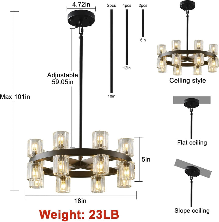 Black Wagon Wheel Chandelier 18" Modern Farmhouse 16‑Light K9 Fixture