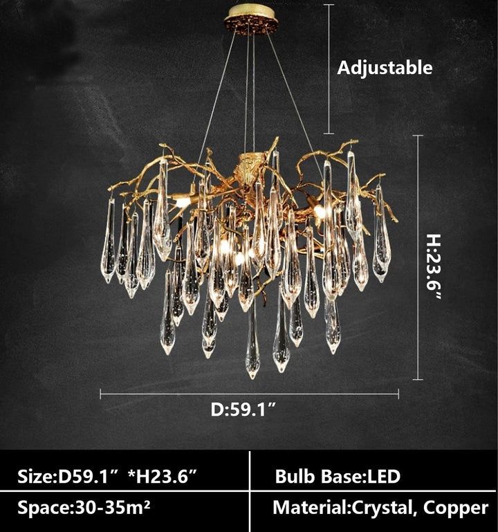 Branch Crystal Drops Chandelier in French Style with Copper Gold Finish for Dining and Living Room Ceiling-Chandeliers-Arialamps