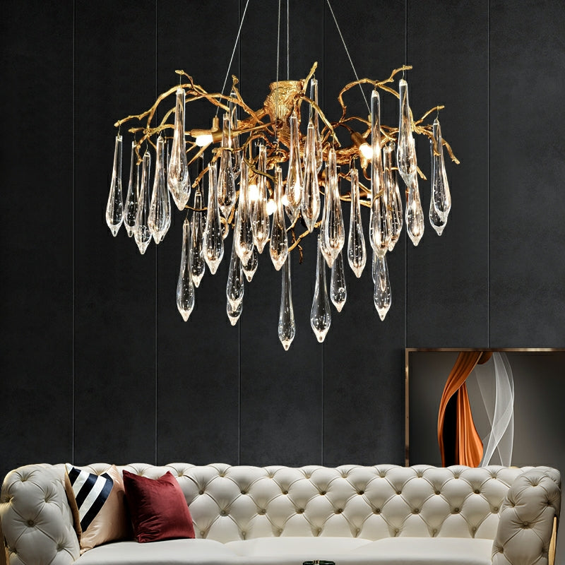Branch Crystal Drops Chandelier in French Style with Copper Gold Finish for Dining and Living Room Ceiling-Chandeliers-Arialamps