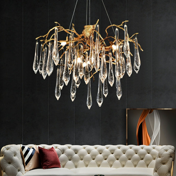 Branch Crystal Drops Chandelier in French Style with Copper Gold Finish for Dining and Living Room Ceiling-Chandeliers-Arialamps