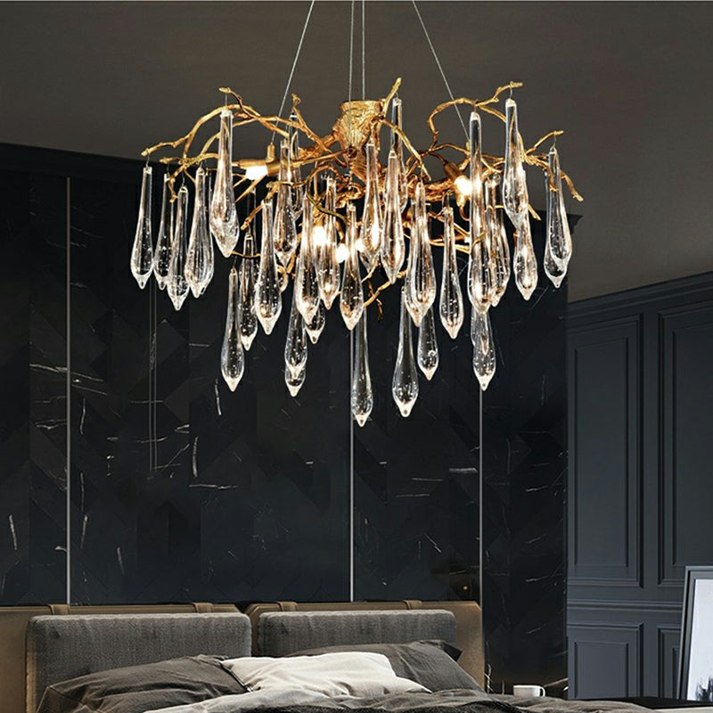 Branch Crystal Drops Chandelier in French Style with Copper Gold Finish for Dining and Living Room Ceiling-Chandeliers-Round D23.6"*H15.8"/29.5kg-Warm Light-Arialamps