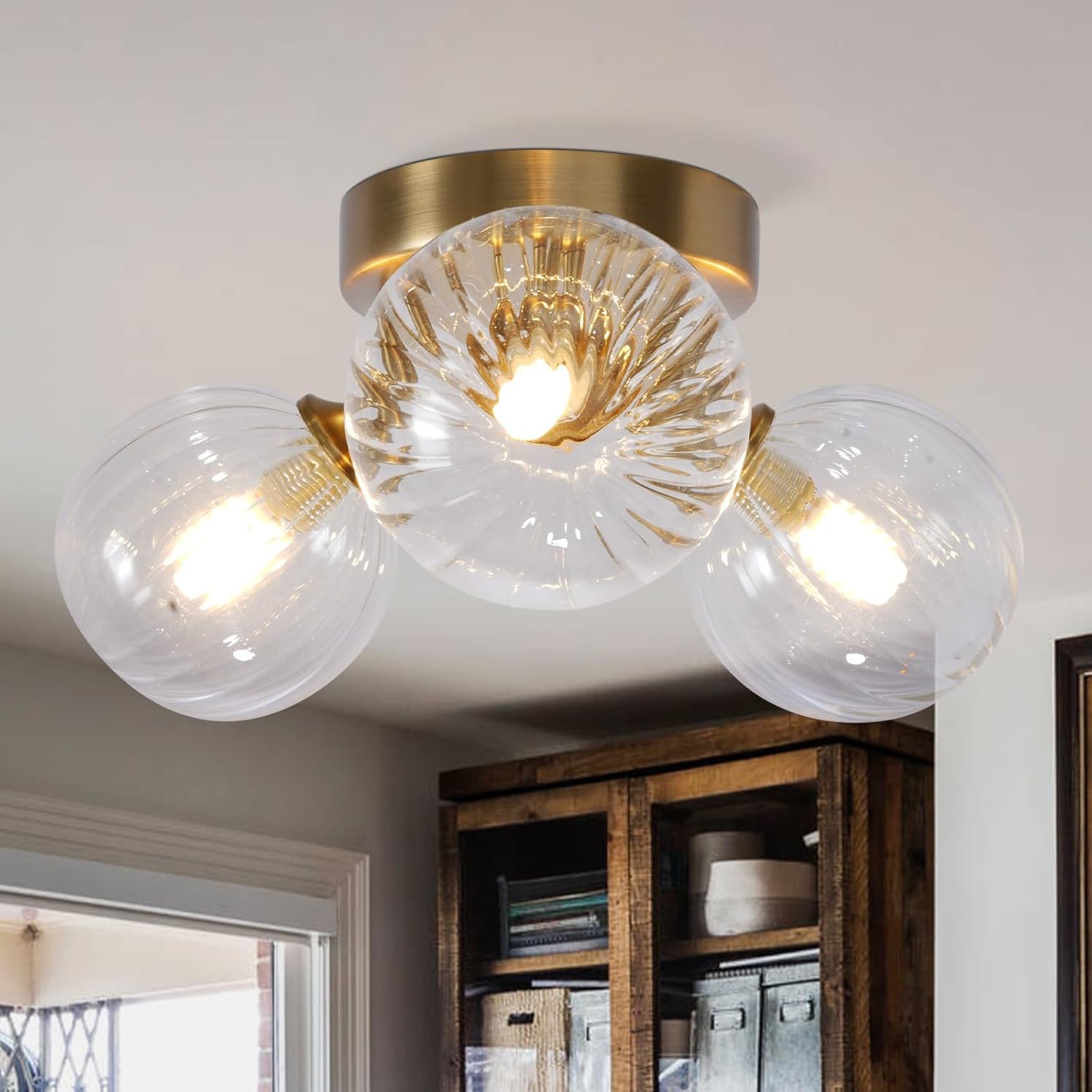 Bubble Ball Swirled Glass Chandelier 3-Light Semi Flush Mount Ceiling Mid Century Light Fixture