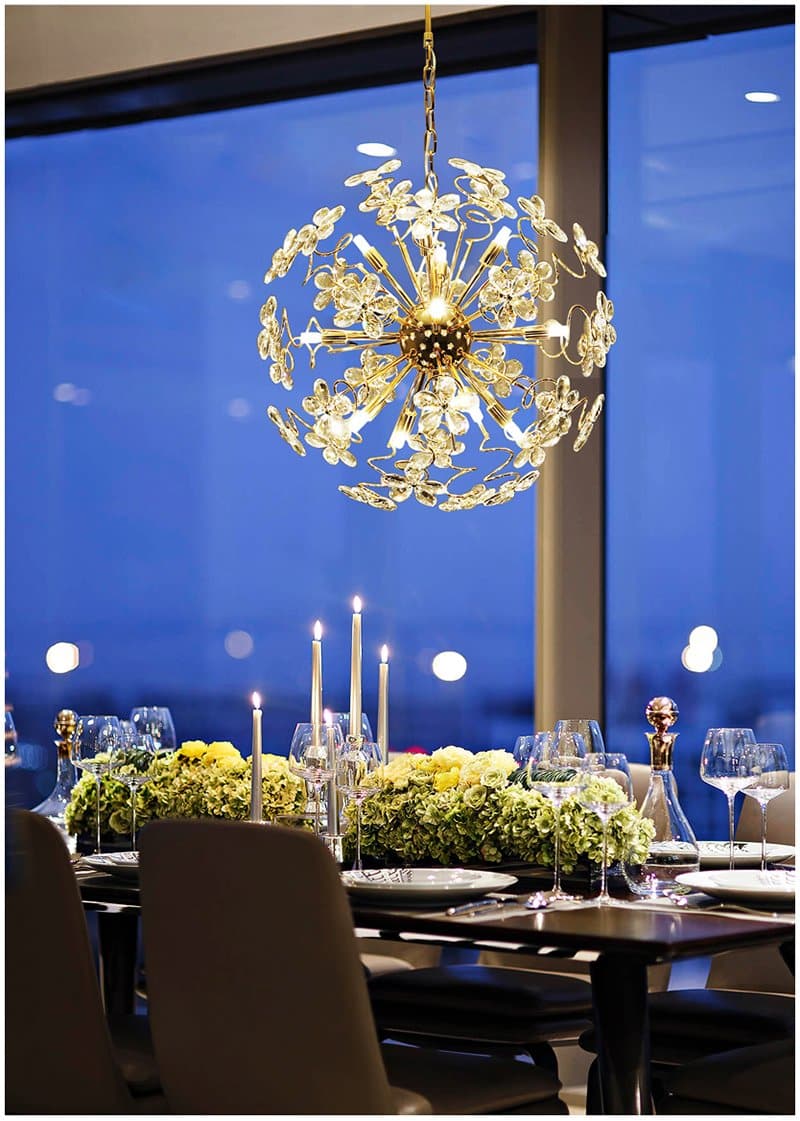 Golden Faceted Crystal Petal Dandelion Chandelier 24"