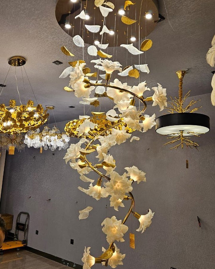 Ceramic Flower Chandelier in Artistic Brass Branch Design-Chandeliers-Arialamps