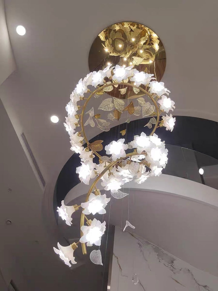 Ceramic Flower Chandelier in Artistic Brass Branch Design-Chandeliers-Arialamps
