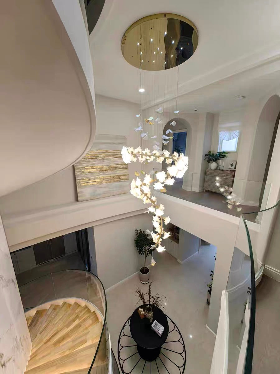 Ceramic Flower Chandelier in Artistic Brass Branch Design-Chandeliers-Arialamps
