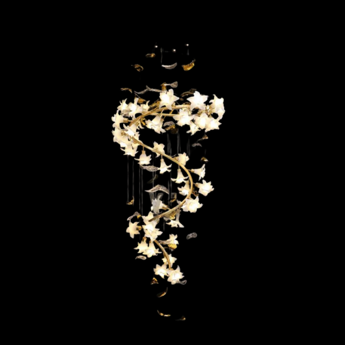 Ceramic Flower Chandelier in Artistic Brass Branch Design-Chandeliers-Arialamps