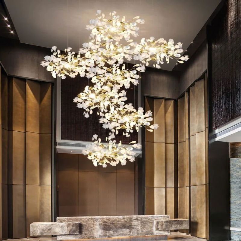Ceramic Ginkgo Cascading Chandelier-chandeliers for dining room,chandeliers for stairways,chandeliers for foyer,chandeliers for bedrooms,chandeliers for kitchen,chandeliers for living room-79"H-White + gold accents-Arialamps
