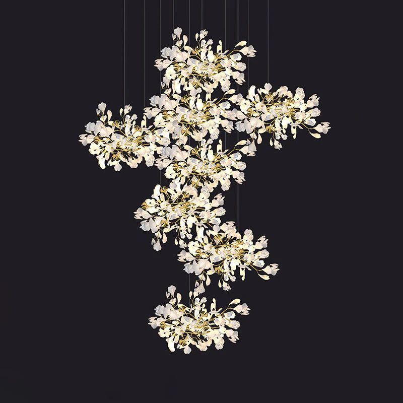 Ceramic Ginkgo Cascading Chandelier-chandeliers for dining room,chandeliers for stairways,chandeliers for foyer,chandeliers for bedrooms,chandeliers for kitchen,chandeliers for living room-118"H-White + gold accents-Arialamps