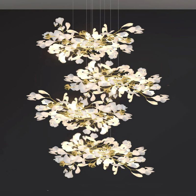 Ceramic Ginkgo Cascading Chandelier-chandeliers for dining room,chandeliers for stairways,chandeliers for foyer,chandeliers for bedrooms,chandeliers for kitchen,chandeliers for living room-79"H-All white leaves-Arialamps