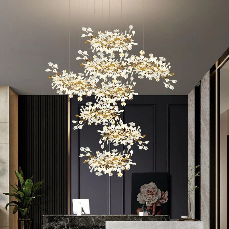 Ceramic Ginkgo Cascading Chandelier-chandeliers for dining room,chandeliers for stairways,chandeliers for foyer,chandeliers for bedrooms,chandeliers for kitchen,chandeliers for living room-118"H-All white leaves-Arialamps
